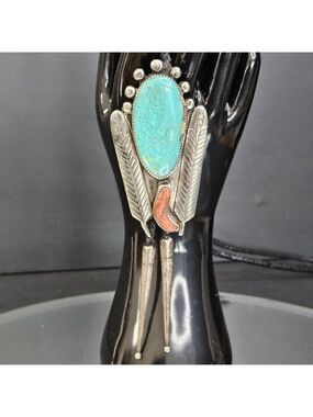 Navajo Turquoise And Coral Sterling Silver Bolo Tie Signed. USA Native American